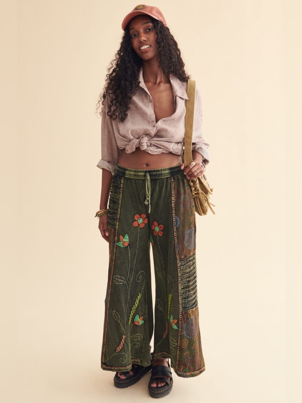 Green Embroidered Boho Flower Wide Leg Pants from Earthbound - L